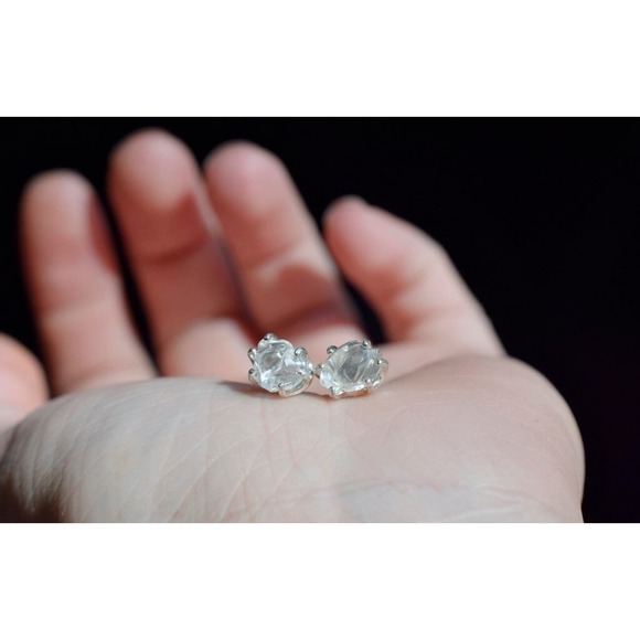 Sterling silver stud earrings, alternative diamond, uncut natural gemstones